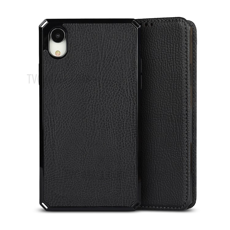 Litchi Skin Genuine Leather TPU Stand Shell for iPhone XR 6.1 inch Detachable 2 in 1 Case - Black-3