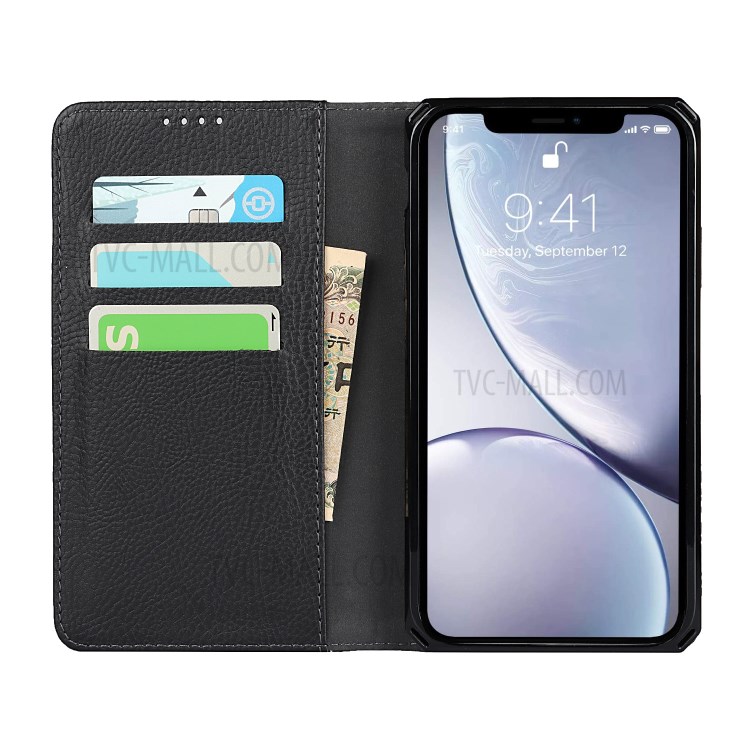 Litchi Skin Genuine Leather TPU Stand Shell for iPhone XR 6.1 inch Detachable 2 in 1 Case - Black-5