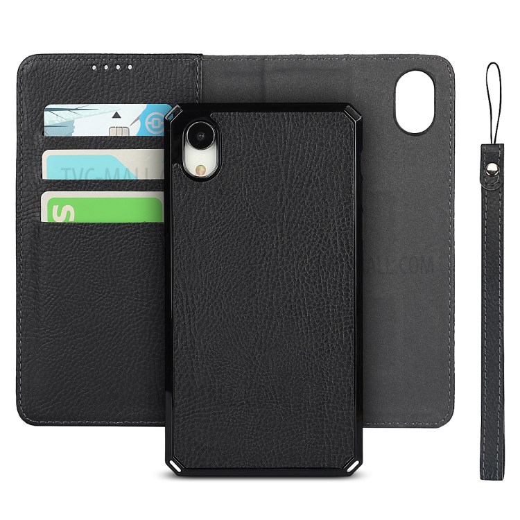 Litchi Skin Genuine Leather TPU Stand Shell for iPhone XR 6.1 inch Detachable 2 in 1 Case - Black-6