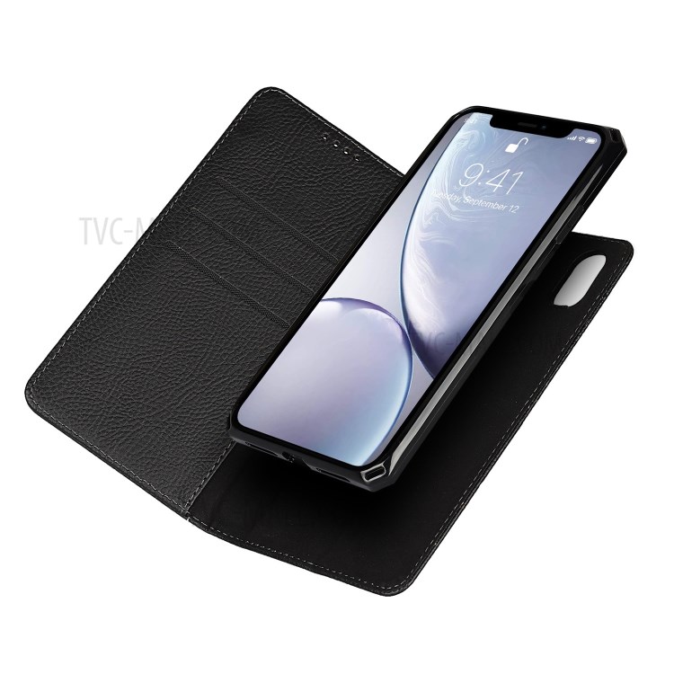 Litchi Skin Genuine Leather TPU Stand Shell for iPhone XR 6.1 inch Detachable 2 in 1 Case - Black-8