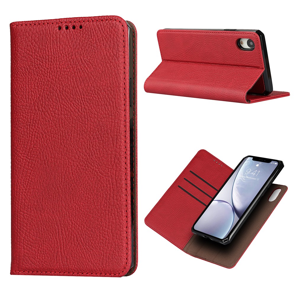 Litchi Skin Genuine Leather TPU Stand Shell for iPhone XR 6.1 inch Detachable 2 in 1 Case - Red
