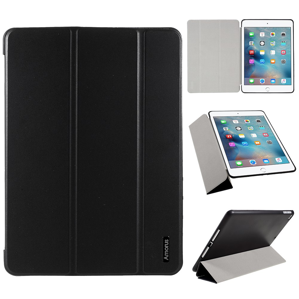 AMORUS Tri-fold Leather with Stand Stylish Case for iPad Air 2/iPad Air (2013)/iPad 9.7-inch (2018)/iPad 9.7-inch (2017) - Black