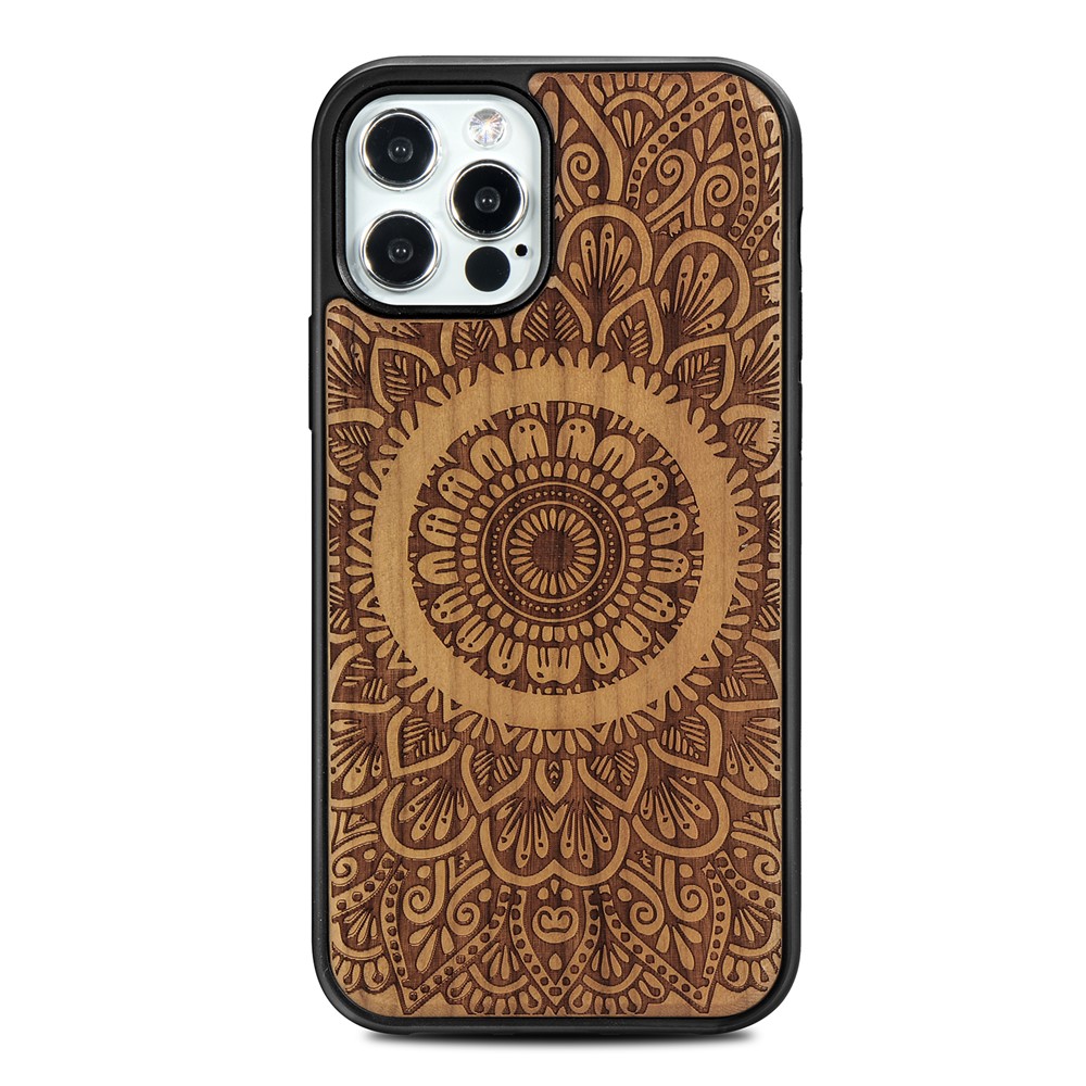 Laser Carving Mandala Wood Surface Magnetic Case for iPhone 12 Pro/12 Cover - Light Brown-1