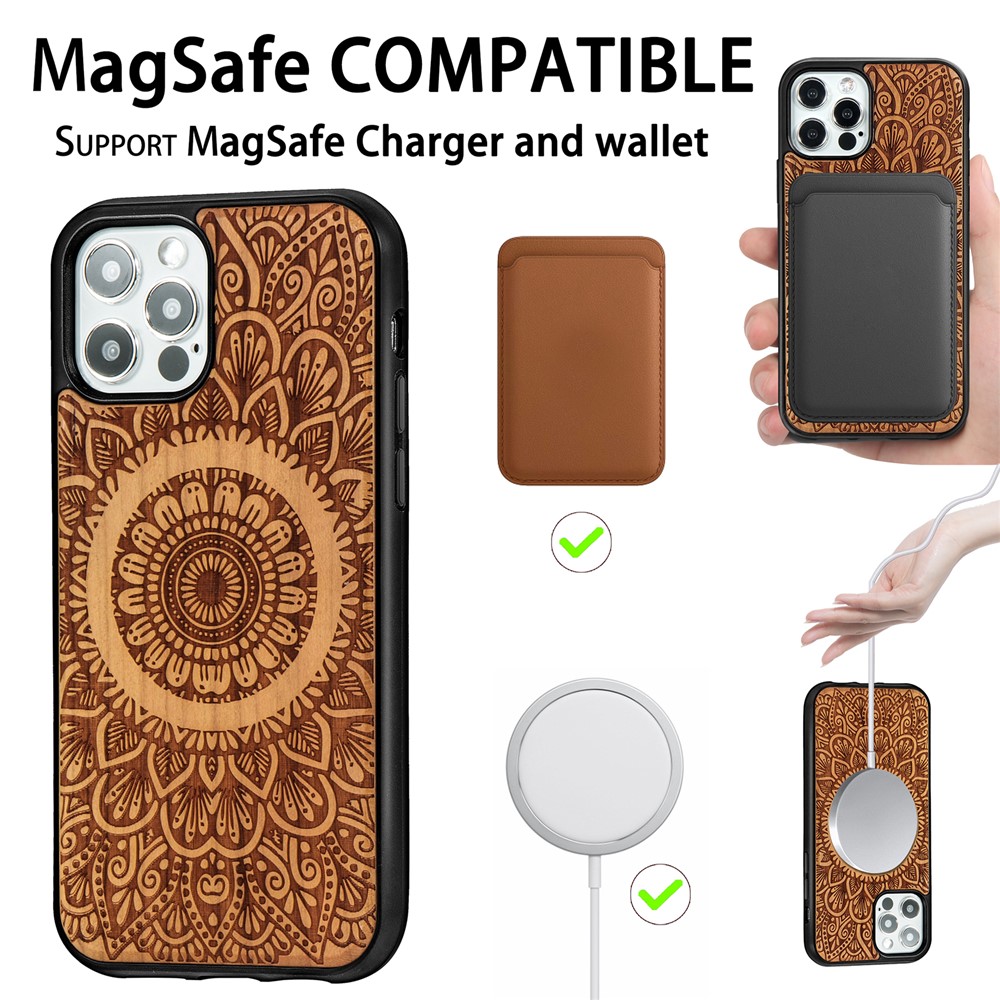 Laser Carving Mandala Wood Surface Magnetic Case for iPhone 12 Pro/12 Cover - Light Brown-10