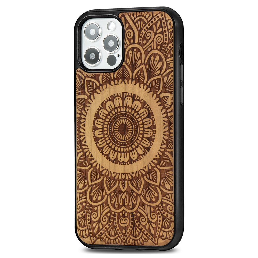 Laser Carving Mandala Wood Surface Magnetic Case for iPhone 12 Pro/12 Cover - Light Brown-2