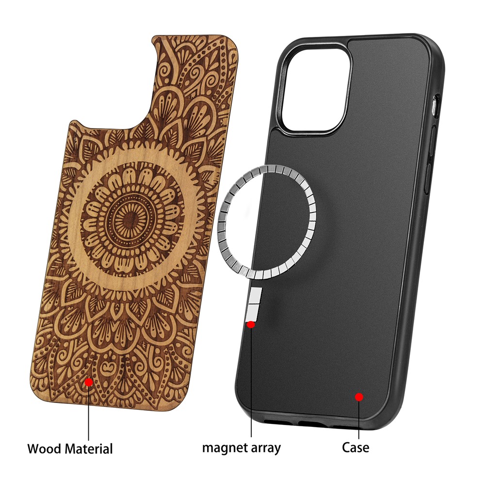Laser Carving Mandala Wood Surface Magnetic Case for iPhone 12 Pro/12 Cover - Light Brown-3