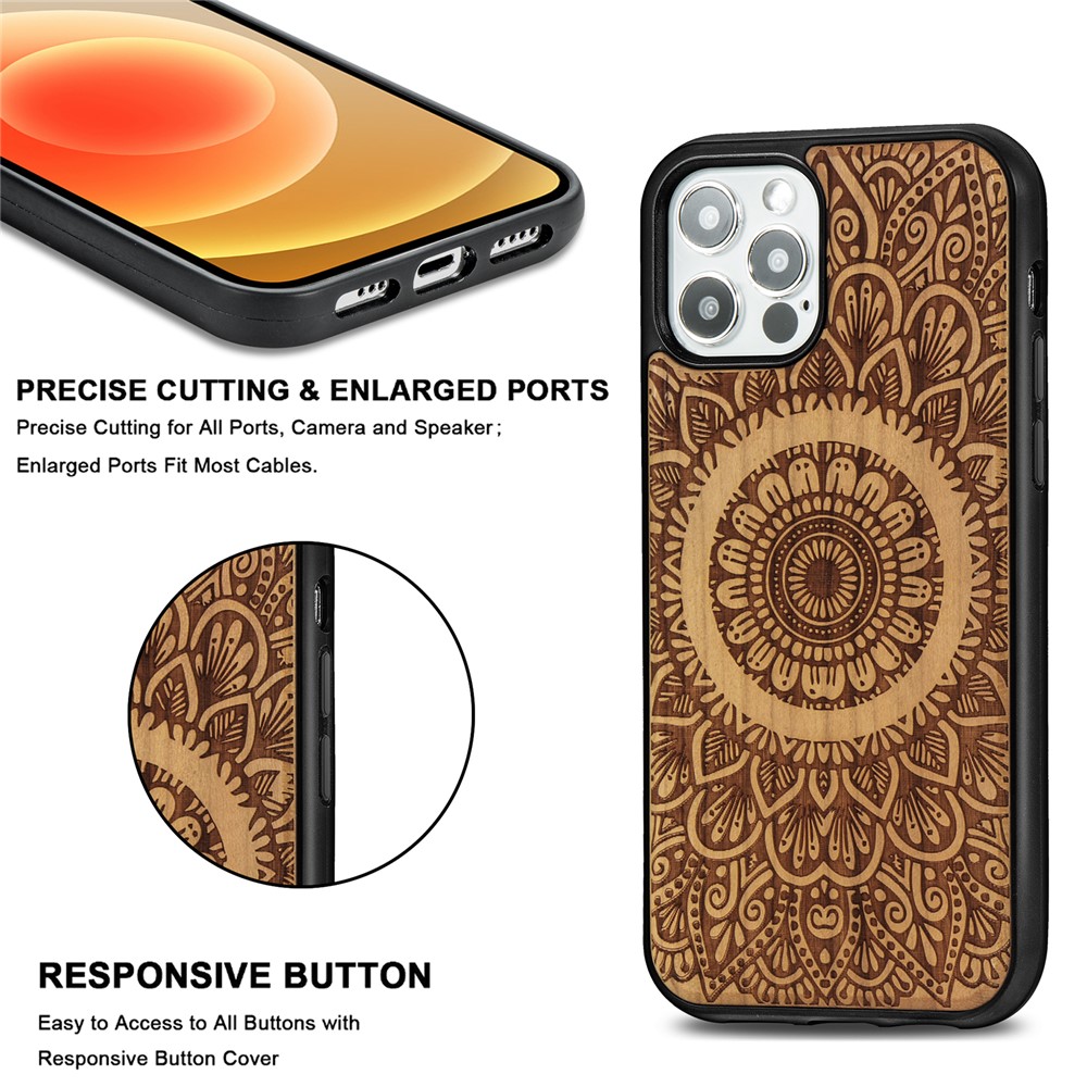 Laser Carving Mandala Wood Surface Magnetic Case for iPhone 12 Pro/12 Cover - Light Brown-4