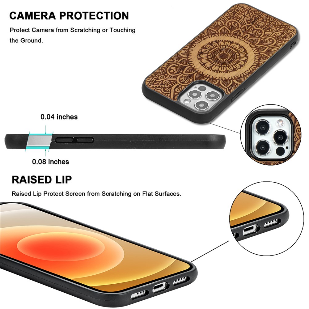 Laser Carving Mandala Wood Surface Magnetic Case for iPhone 12 Pro/12 Cover - Light Brown-5