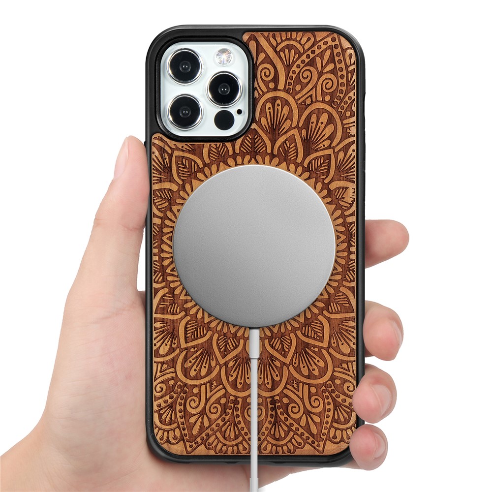 Laser Carving Mandala Wood Surface Magnetic Case for iPhone 12 Pro/12 Cover - Light Brown-6