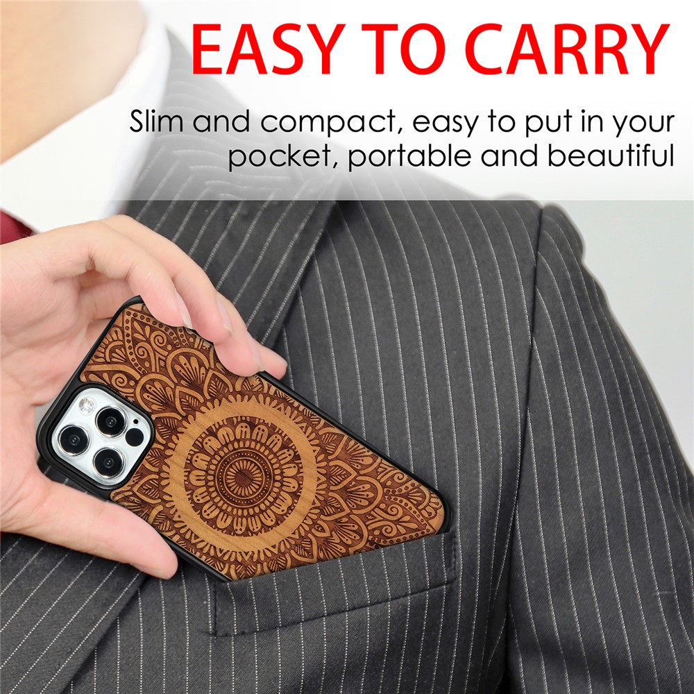 Laser Carving Mandala Wood Surface Magnetic Case for iPhone 12 Pro/12 Cover - Light Brown-7