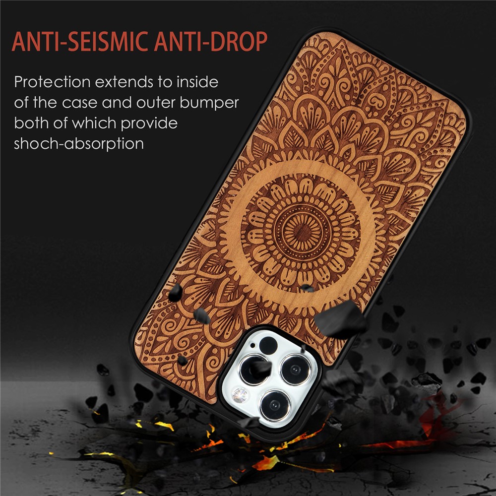 Laser Carving Mandala Wood Surface Magnetic Case for iPhone 12 Pro/12 Cover - Light Brown-8