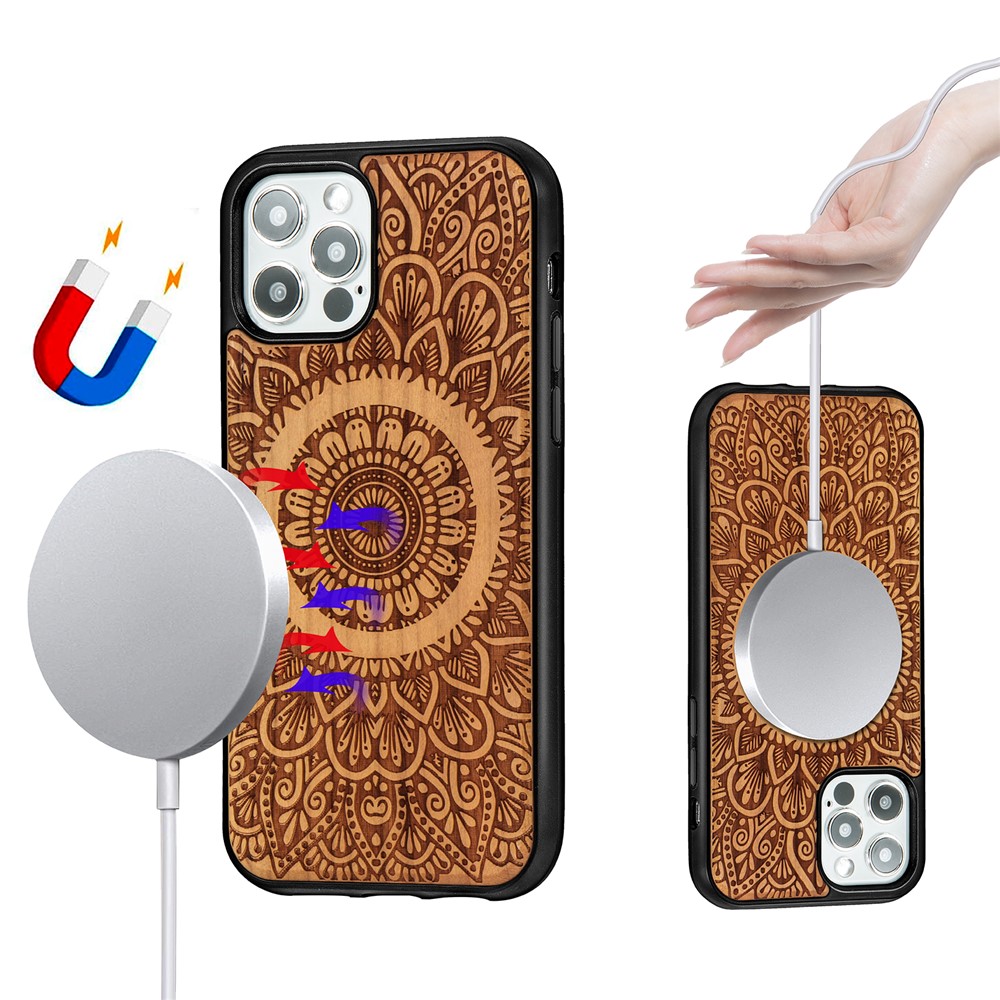 Laser Carving Mandala Wood Surface Magnetic Case for iPhone 12 Pro/12 Cover - Light Brown-9
