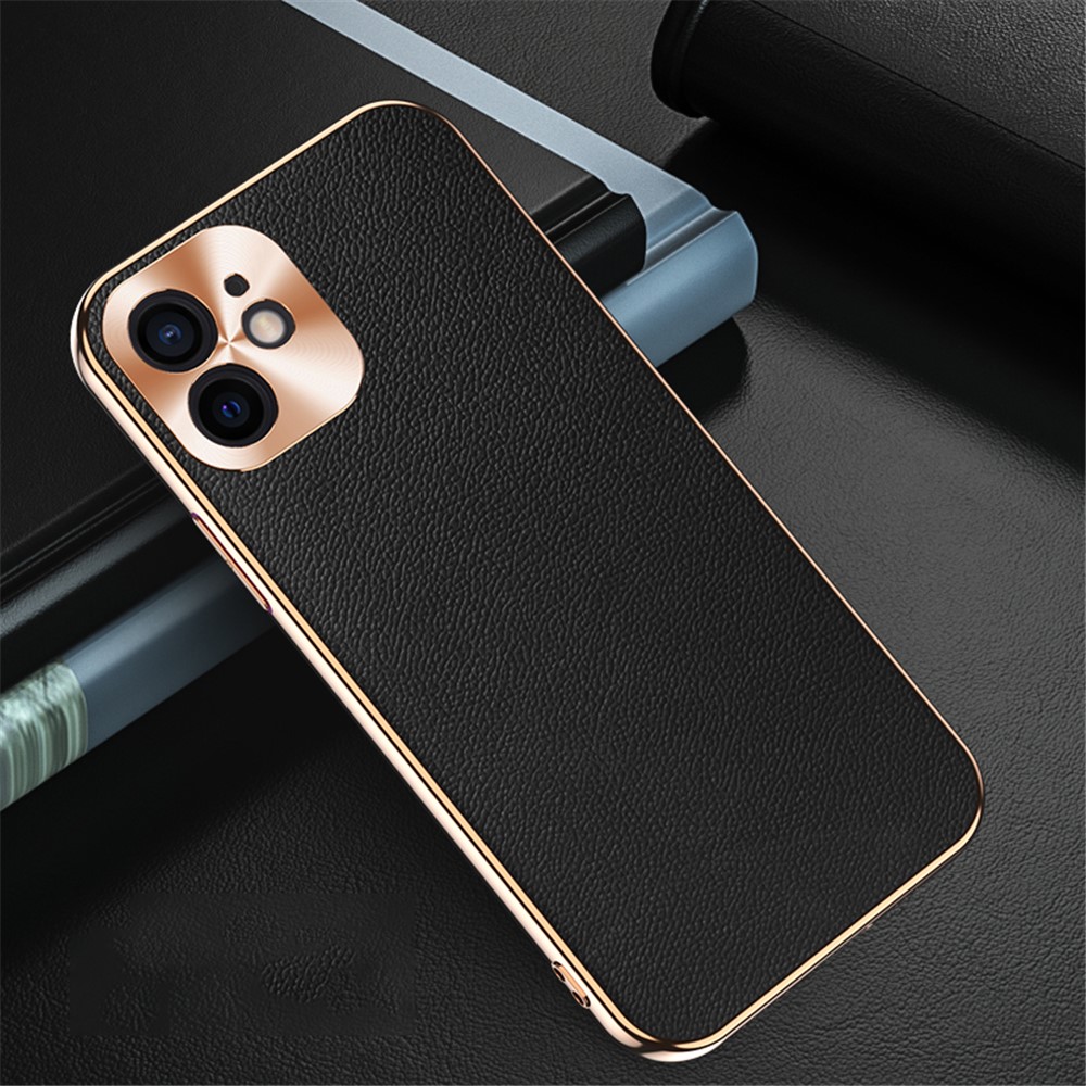 Electroplating CD Lens Covering Genuine Leather TPU Protective Case for iPhone 12 mini - Black-1