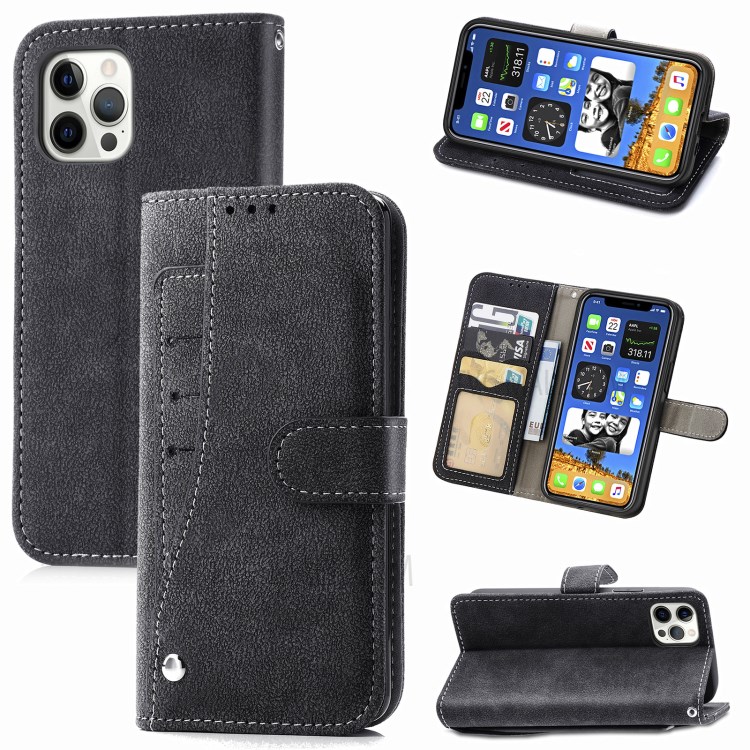 Matte Leather Wallet Stand Rotary Card Holder Case for iPhone 12 Pro/12 Cover - Black-1