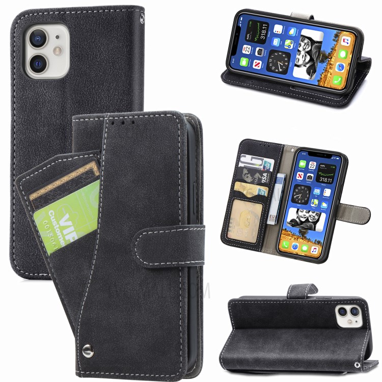 Matte Leather Rotary Card Holder Wallet Stand Case for iPhone 12 mini Cover - Black-1