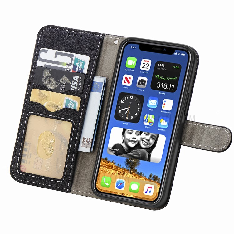 Matte Leather Rotary Card Holder Wallet Stand Case for iPhone 12 mini Cover - Black-5