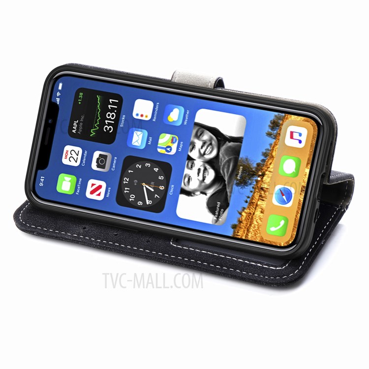 Matte Leather Rotary Card Holder Wallet Stand Case for iPhone 12 mini Cover - Black-6