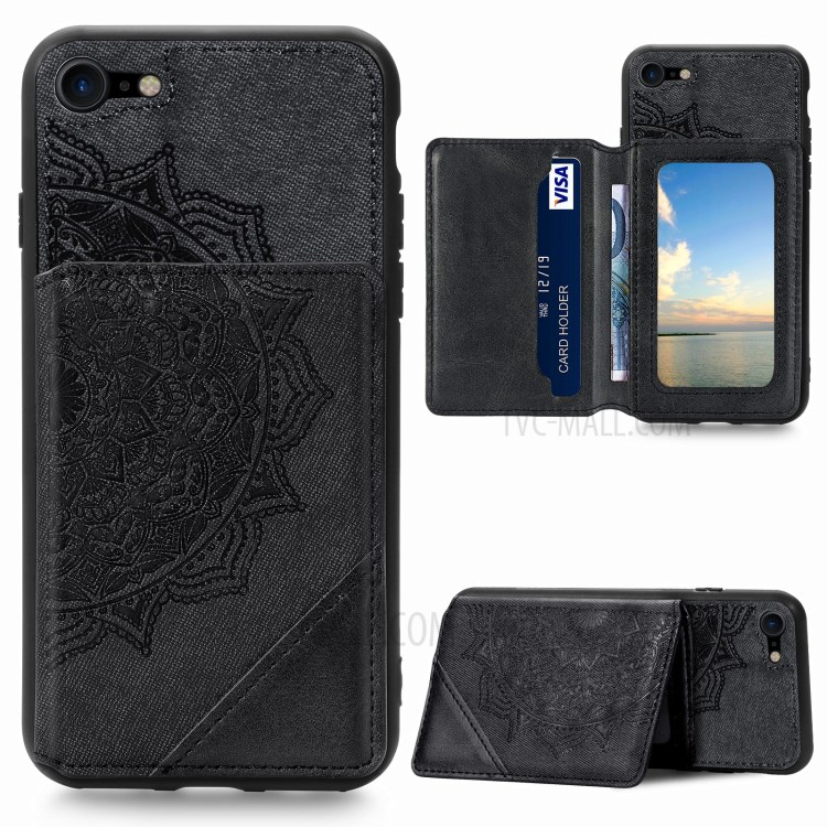 Mandala Flower Pattern PU Leather+TPU Flip Wallet Phone Case for iPhone SE (2nd Generation) / 8 / 7 - Black-1