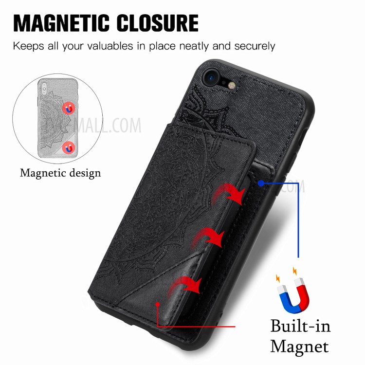Mandala Flower Pattern PU Leather+TPU Flip Wallet Phone Case for iPhone SE (2nd Generation) / 8 / 7 - Black-10