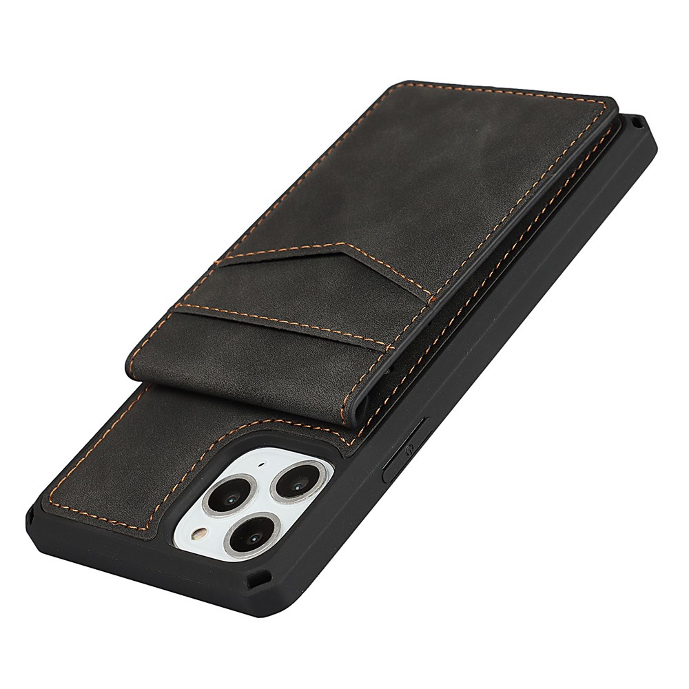 Skin-Touch PU Leather Coated TPU Kickstand Card Slot Design Phone Case with Strap for iPhone 11 Pro Max 6.5-inch - Black-9