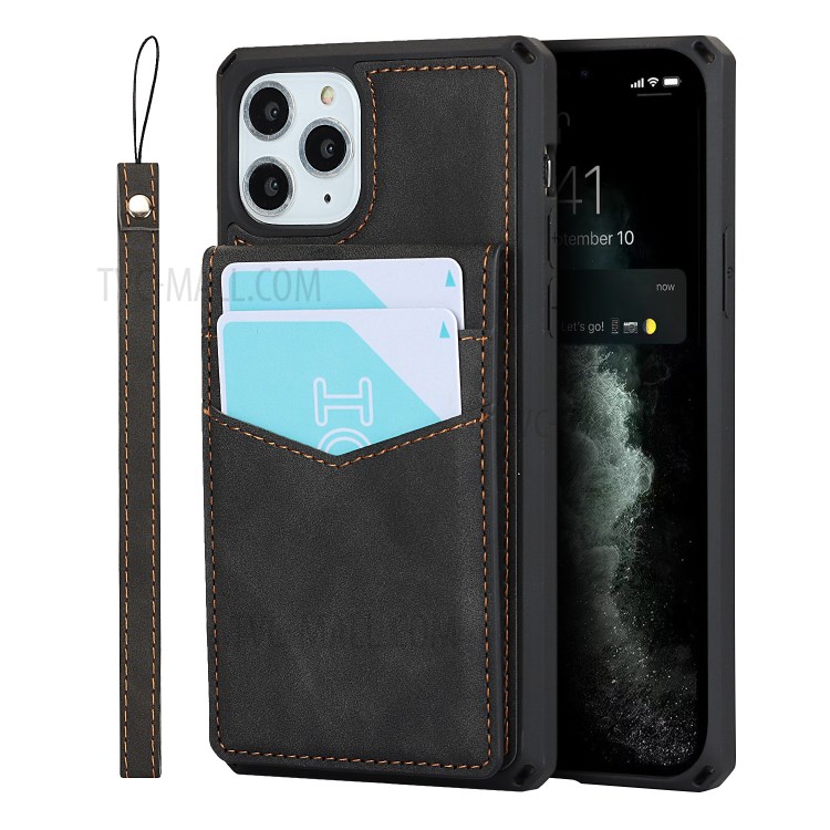 Skin-Touch PU Leather Coated TPU Kickstand Card Slot Design Phone Case with Strap for iPhone 11 Pro 5.8-inch - Black-1