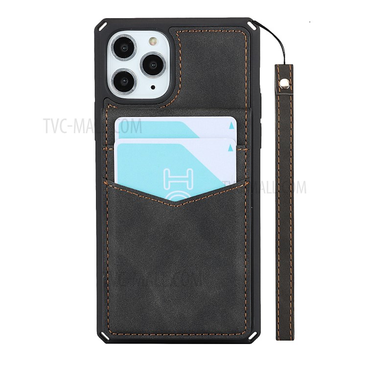 Skin-Touch PU Leather Coated TPU Kickstand Card Slot Design Phone Case with Strap for iPhone 11 Pro 5.8-inch - Black-4