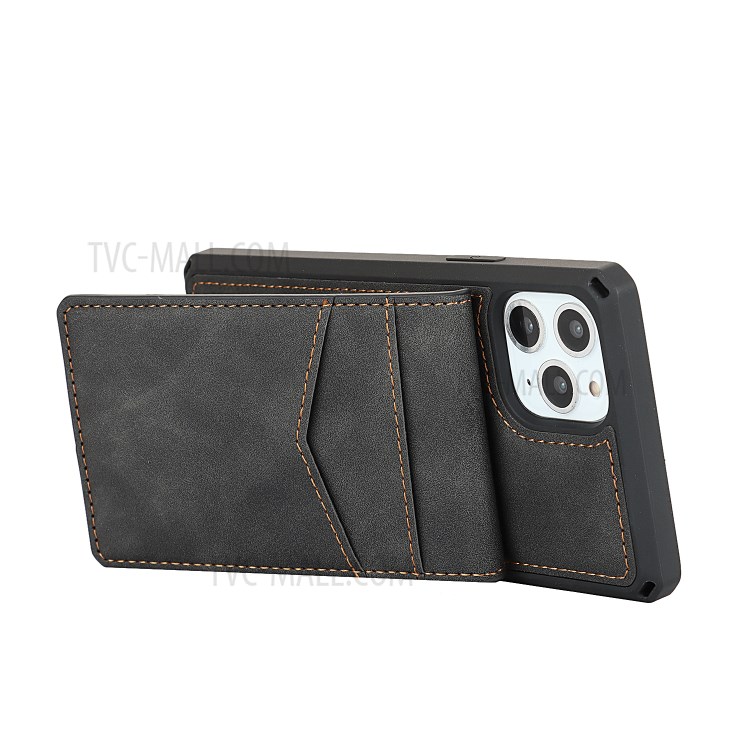 Skin-Touch PU Leather Coated TPU Kickstand Card Slot Design Phone Case with Strap for iPhone 11 Pro 5.8-inch - Black-6