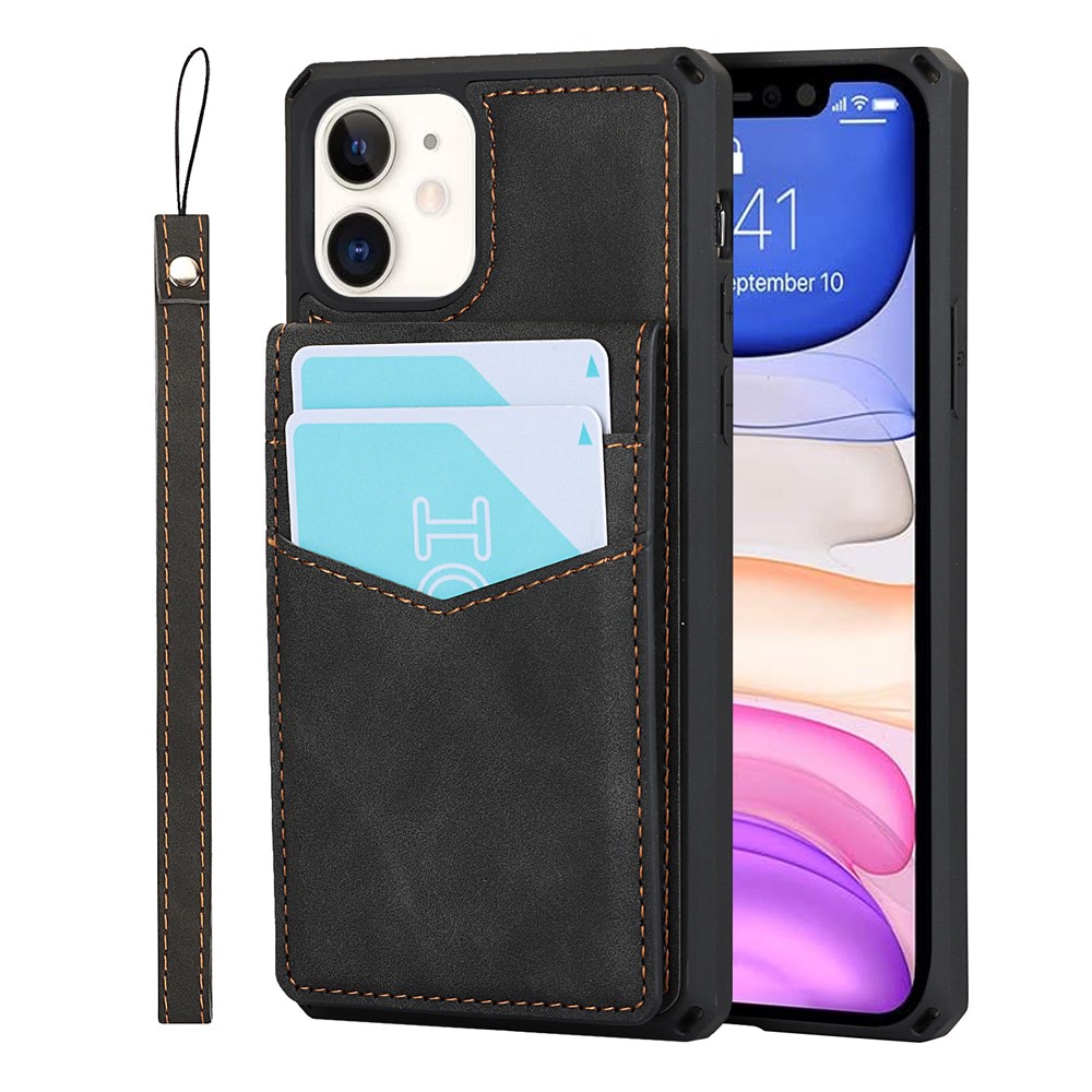 Skin-Touch PU Leather Coated TPU Kickstand Card Slot Design Phone Case with Strap for iPhone 11 6.1-inch - Black-1