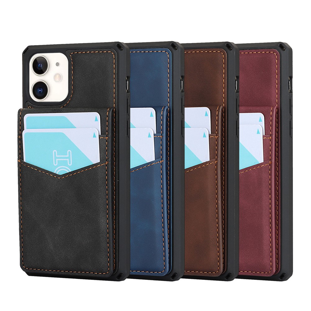 Skin-Touch PU Leather Coated TPU Kickstand Card Slot Design Phone Case with Strap for iPhone 11 6.1-inch - Black-11
