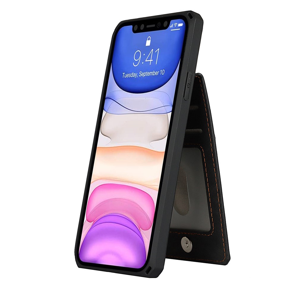 Skin-Touch PU Leather Coated TPU Kickstand Card Slot Design Phone Case with Strap for iPhone 11 6.1-inch - Black-2