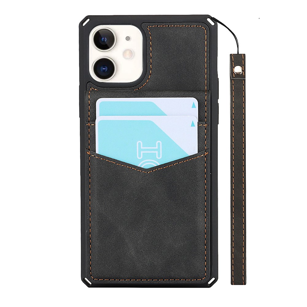 Skin-Touch PU Leather Coated TPU Kickstand Card Slot Design Phone Case with Strap for iPhone 11 6.1-inch - Black-3