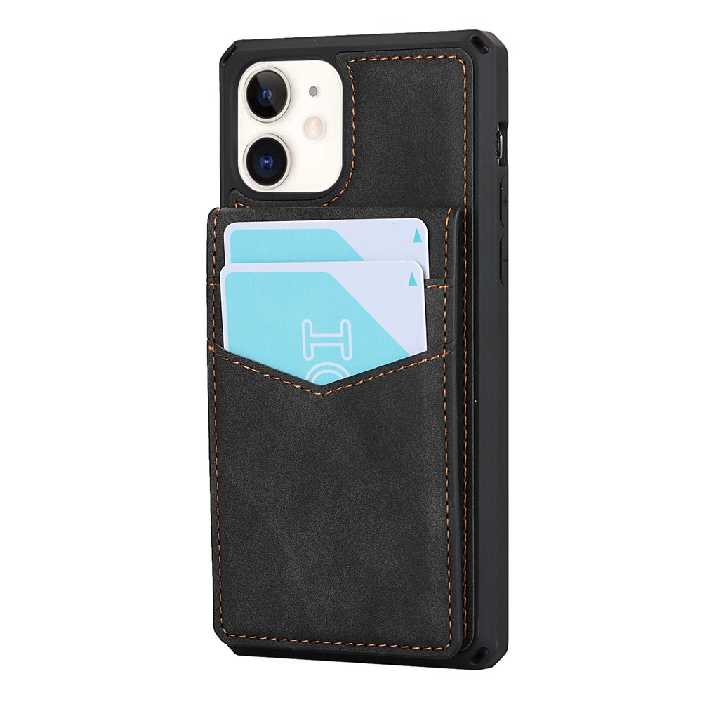 Skin-Touch PU Leather Coated TPU Kickstand Card Slot Design Phone Case with Strap for iPhone 11 6.1-inch - Black-4