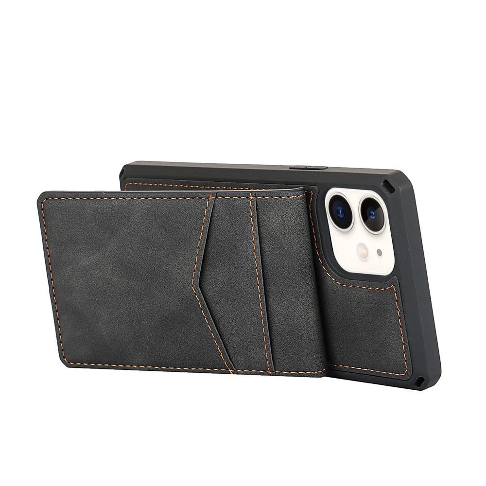 Skin-Touch PU Leather Coated TPU Kickstand Card Slot Design Phone Case with Strap for iPhone 11 6.1-inch - Black-5