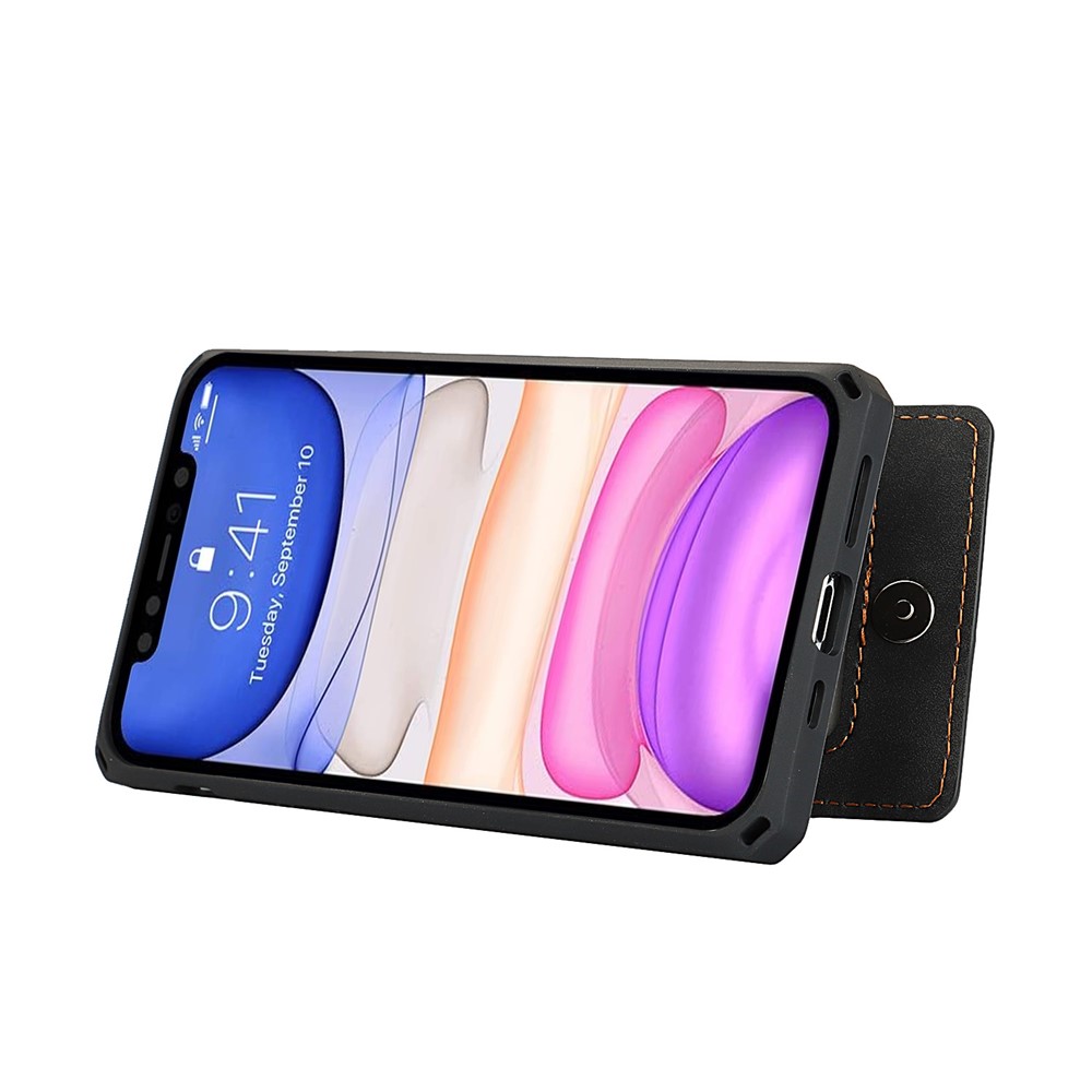 Skin-Touch PU Leather Coated TPU Kickstand Card Slot Design Phone Case with Strap for iPhone 11 6.1-inch - Black-6