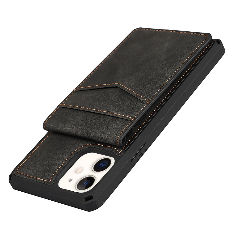 Skin-Touch PU Leather Coated TPU Kickstand Card Slot Design Phone Case with Strap for iPhone 11 6.1-inch - Black-8