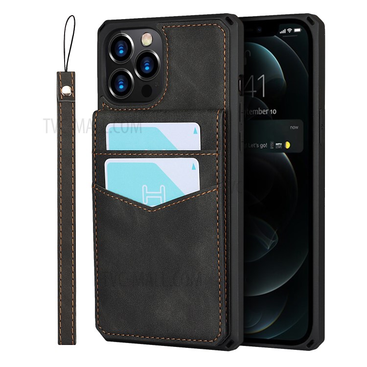 Skin-Touch PU Leather Coated TPU Kickstand Card Slot Design Phone Case with Strap for iPhone 12 Pro Max - Black-1
