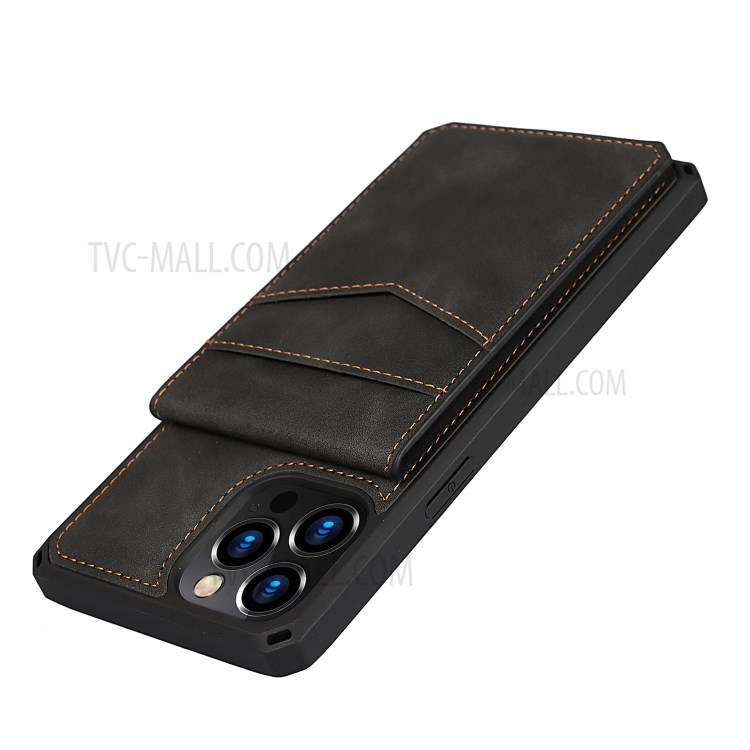 Skin-Touch PU Leather Coated TPU Kickstand Card Slot Design Phone Case with Strap for iPhone 12 Pro Max - Black-10