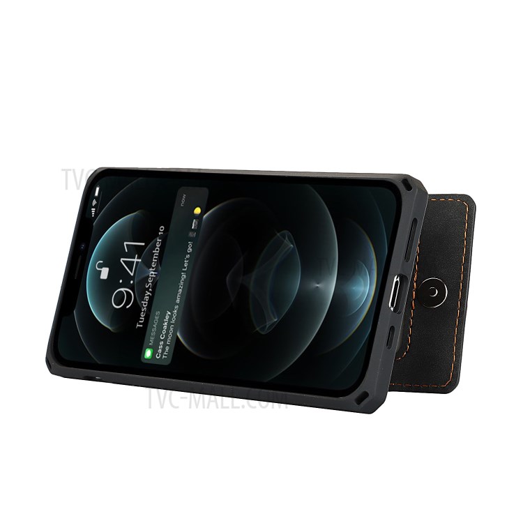 Skin-Touch PU Leather Coated TPU Kickstand Card Slot Design Phone Case with Strap for iPhone 12 Pro Max - Black-2