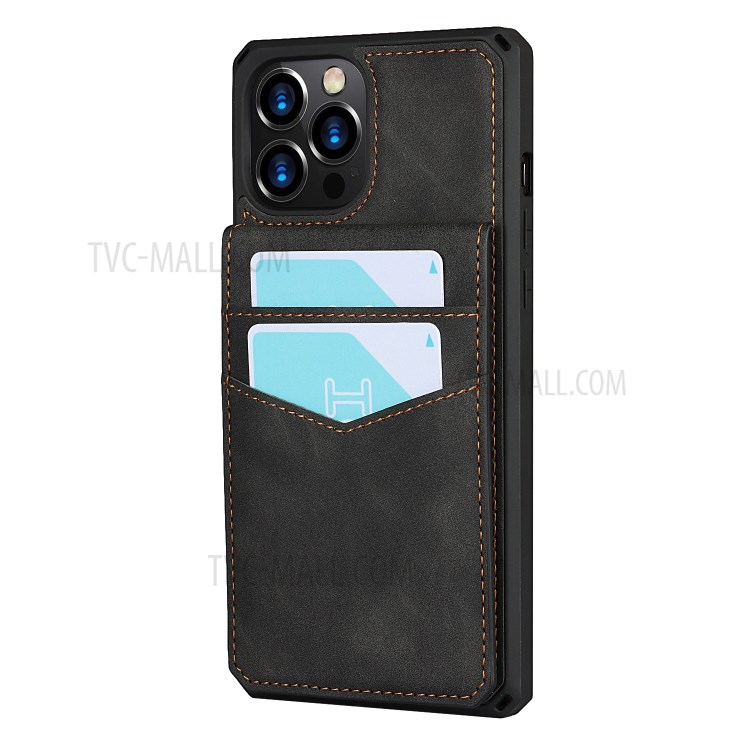 Skin-Touch PU Leather Coated TPU Kickstand Card Slot Design Phone Case with Strap for iPhone 12 Pro Max - Black-5