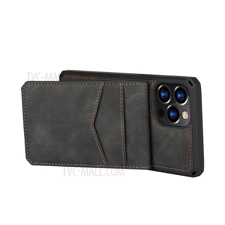 Skin-Touch PU Leather Coated TPU Kickstand Card Slot Design Phone Case with Strap for iPhone 12 Pro Max - Black-7