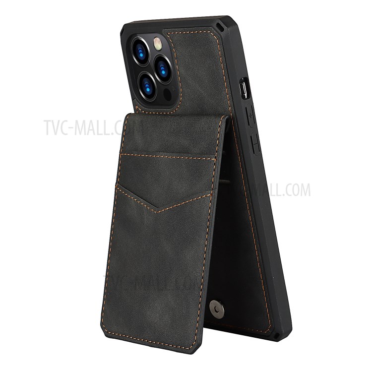 Skin-Touch PU Leather Coated TPU Kickstand Card Slot Design Phone Case with Strap for iPhone 12 Pro Max - Black-8