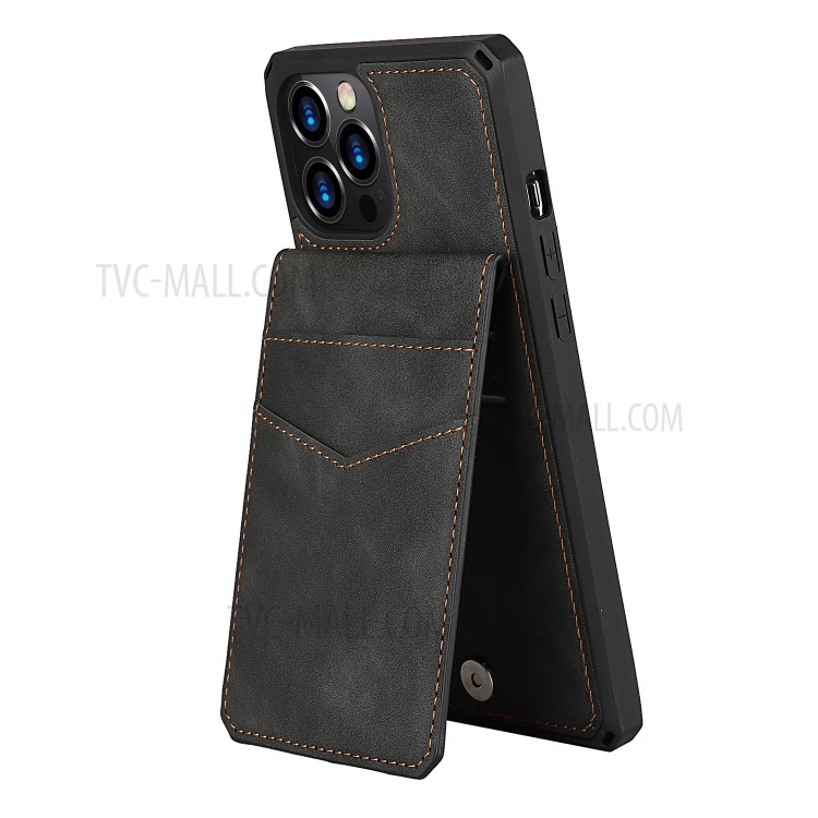 Skin-Touch Pu-leder-beschichtete Tpu-kickstand-karten-karten-slot-design-telefonhülle Mit Riemen Für Iphone 12 Pro Max - Schwarz-8