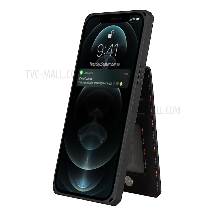 Skin-Touch PU Leather Coated TPU Kickstand Card Slot Design Phone Case with Strap for iPhone 12 Pro Max - Black-9