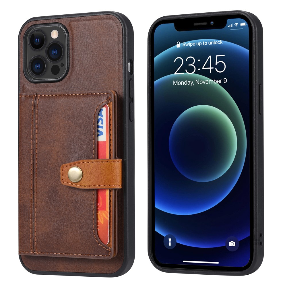 Full Protection PU Leather Coated TPU Case with Kickstand and Card Slots for iPhone 12/12 Pro - Brown-1