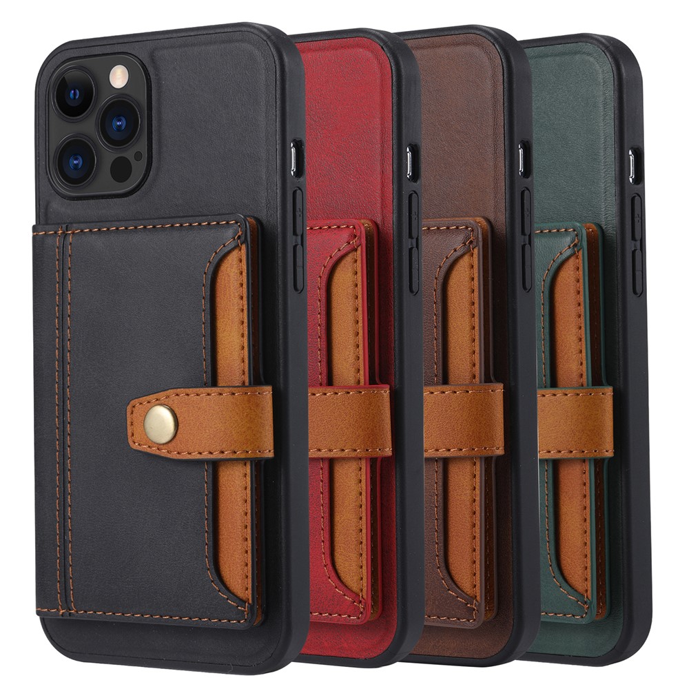 Full Protection PU Leather Coated TPU Case with Kickstand and Card Slots for iPhone 12/12 Pro - Brown-7