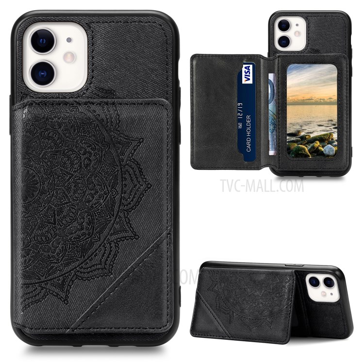 Mandala Flower Pattern PU Leather+TPU Kickstand Wallet Phone Case for iPhone 11 6.1-inch - Black-1