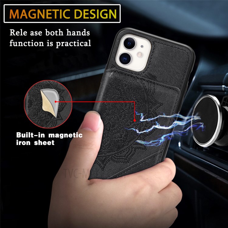 Mandala Flower Pattern PU Leather+TPU Kickstand Wallet Phone Case for iPhone 11 6.1-inch - Black-10