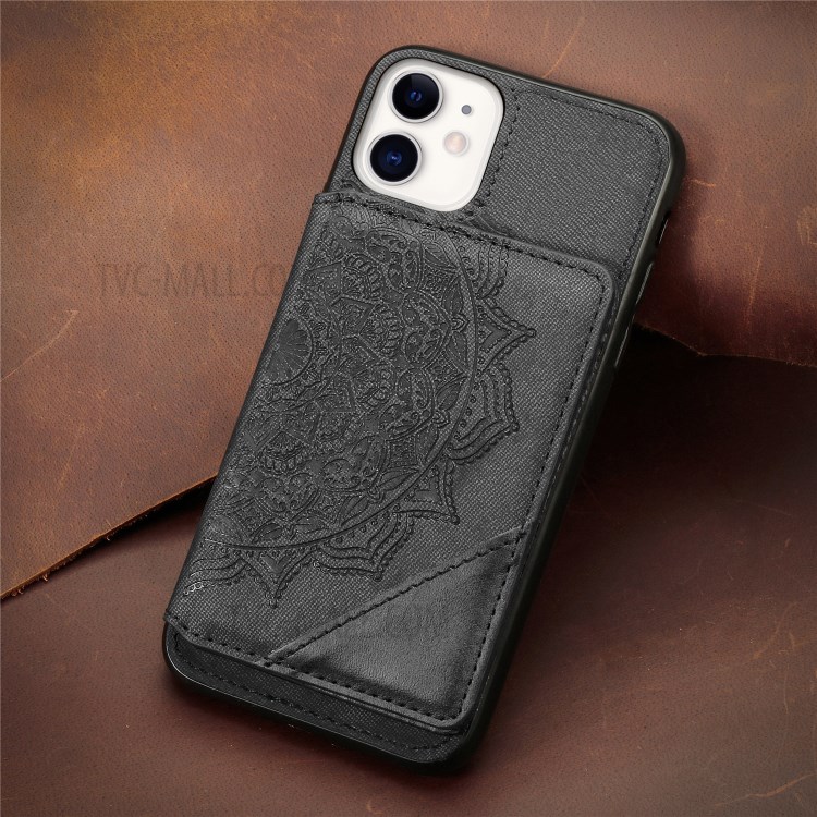 Mandala Flower Pattern PU Leather+TPU Kickstand Wallet Phone Case for iPhone 11 6.1-inch - Black-11