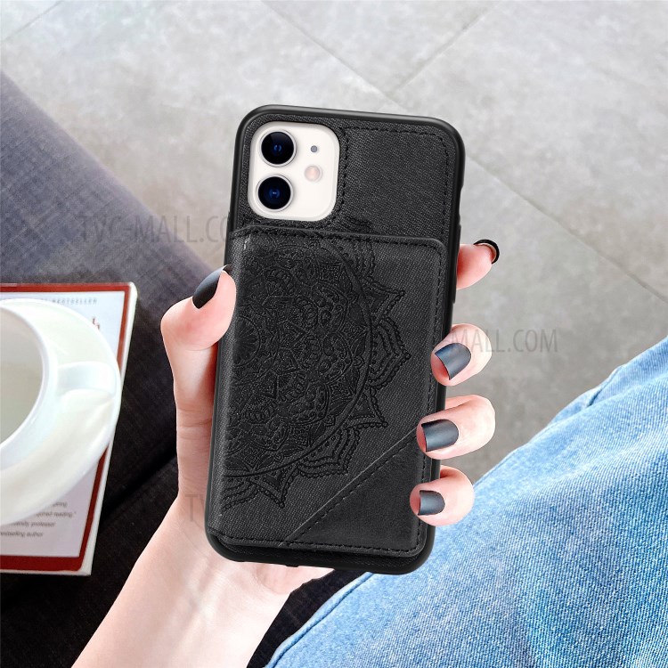 Mandala Flower Pattern PU Leather+TPU Kickstand Wallet Phone Case for iPhone 11 6.1-inch - Black-12
