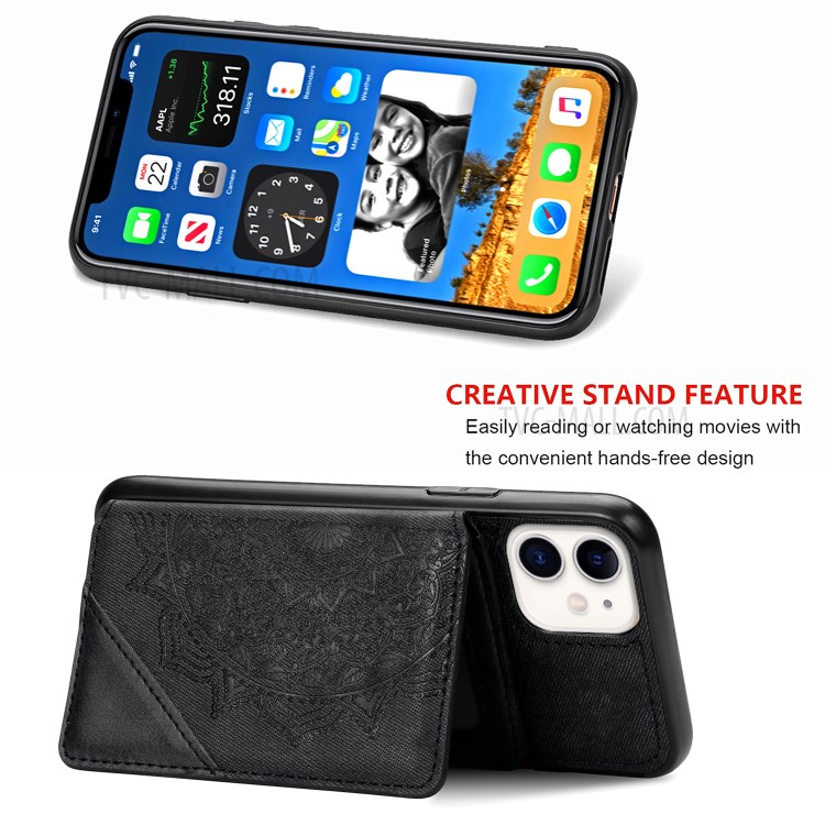 Mandala Flower Pattern PU Leather+TPU Kickstand Wallet Phone Case for iPhone 11 6.1-inch - Black-4